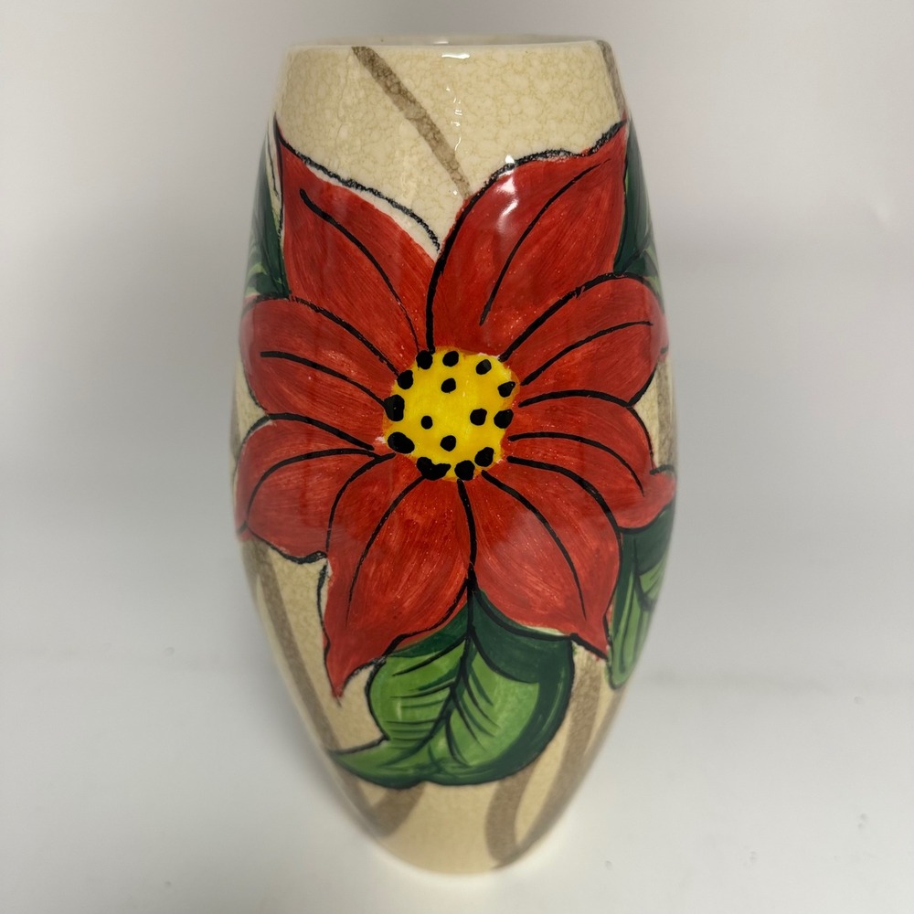 Vintage Made in Italy Hand Painted Poinsettia Ceramic Vase 11" Floral Holiday